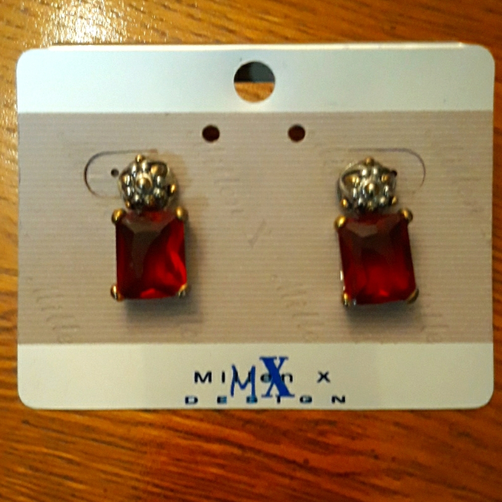 Ruby Red Colored Earrings Set In Silver Tone - image 1